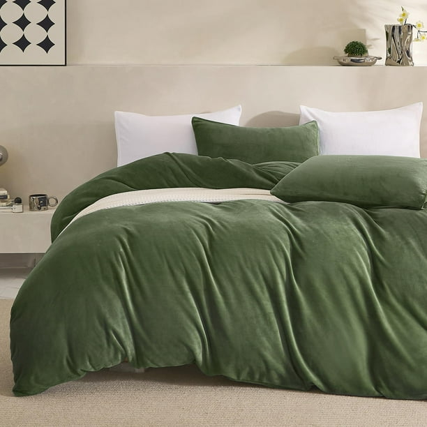 Jellymoni Funda De Edredón De Terciopelo Verde Tamaño King – Funda De Edredón De Franela Ultra Suave De 3 Piezas, Funda De Edredón De Lujo Con 8 Lazos En Las Esquinas Y Cierre De Cremallera.