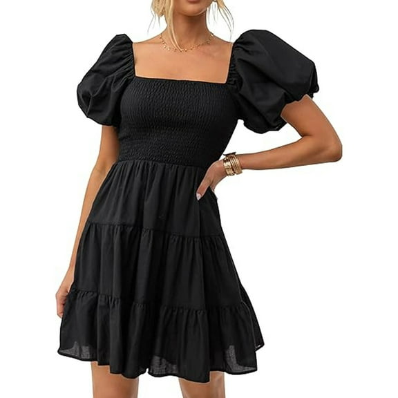 Women's 2024 Boho Summer Square Neck Puff Sleeve Off Shoulder Smocked Tiered Casual A Line Short Mini Dress Bridesmaid Dress Womens Tie Event Dresses Petite plus Size Dresses Long Sleeve Prom Dress