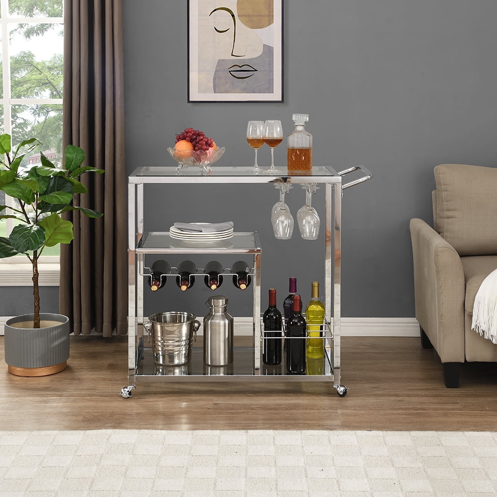 Kepooman Contemporary Bar Carts, Industrial Bar Cart Glass Metal Frame ...