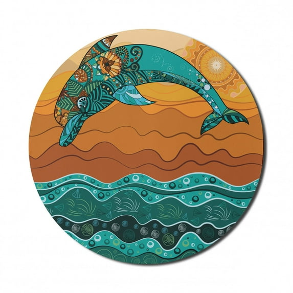 Oriental Mouse Pad for Computers, Dolphin Sea and Sun with Ornamental Motifs and Details Composition Art, Round Non-Slip Thick Rubber Modern Mousepad, 8" Round, Dark Teal Multicolor, by Ambesonne