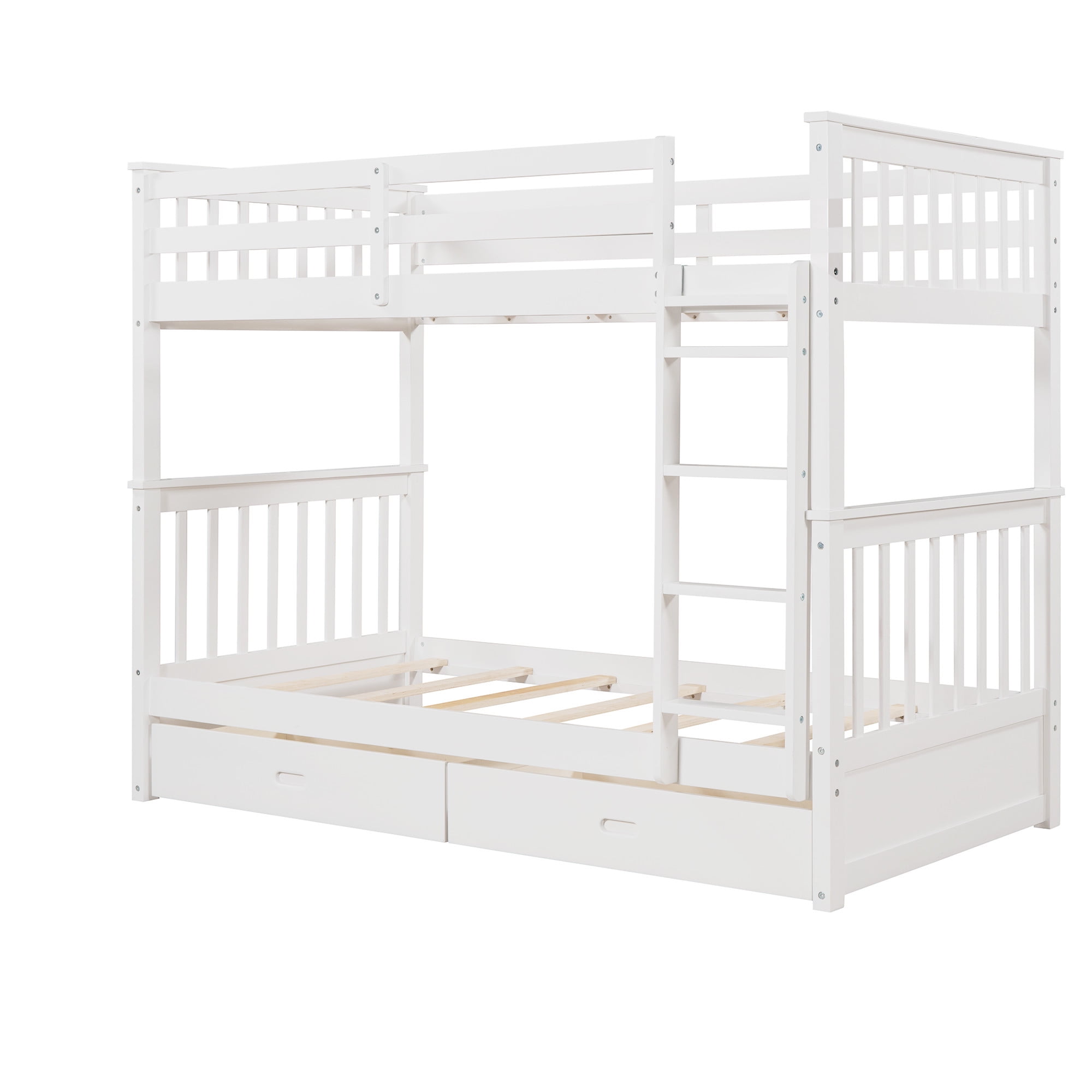 Aukfa Twin over Twin Bunk Bed with Two Storage Drawers, Wood Convertible Two Bed for Kids Teens - White