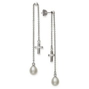 PEARLZZZ Cultured Freshwater Pearl Sterling Silver Adjustable Cross Charm Dangle Earrings