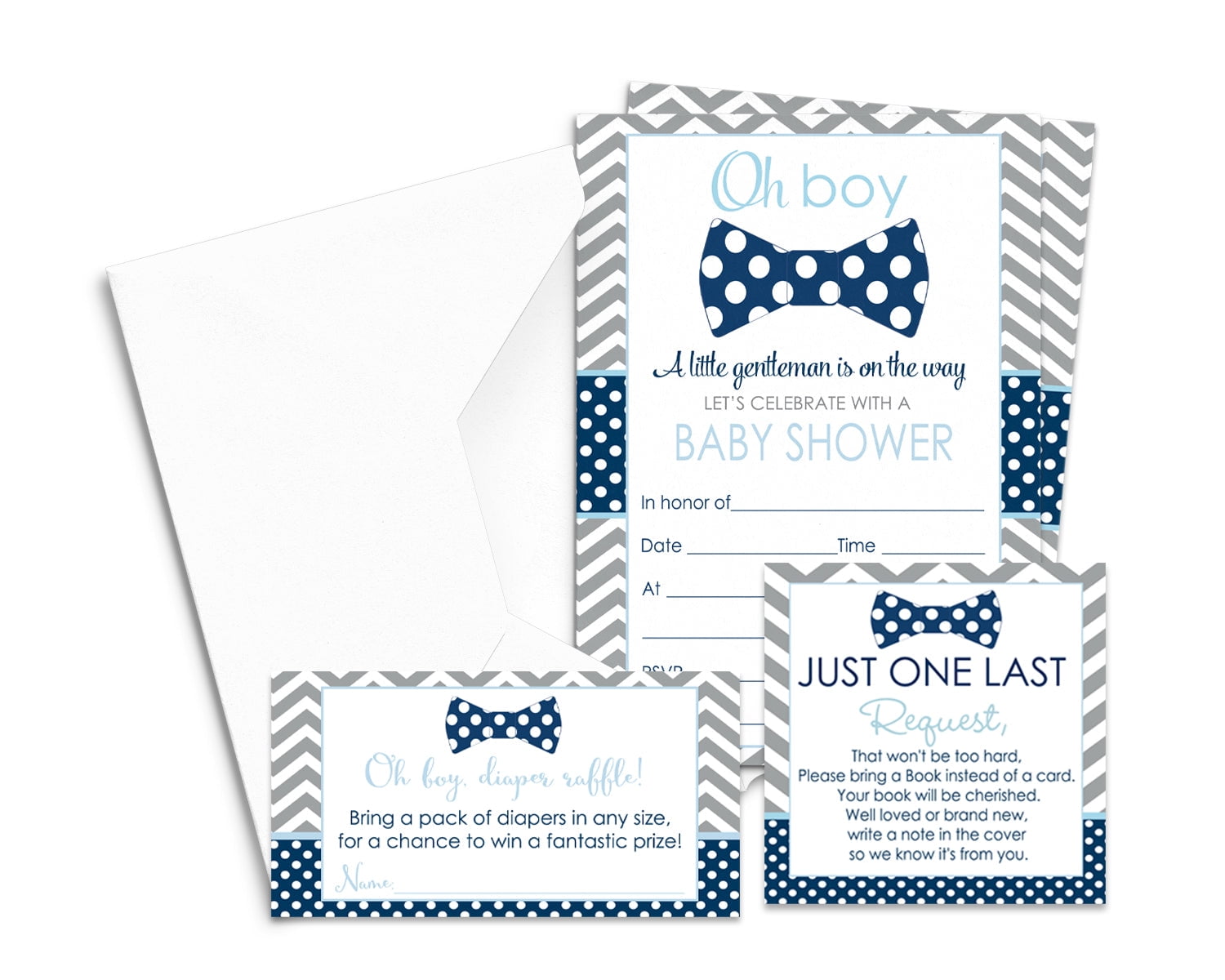 Bow Tie Baby Shower Invitation Bundle Pack 25 Of Each Blank Invites And Envelopes Diaper Raffle Insert Bring A Book Cards Blue And Grey Paper Clever Party Walmart Com
