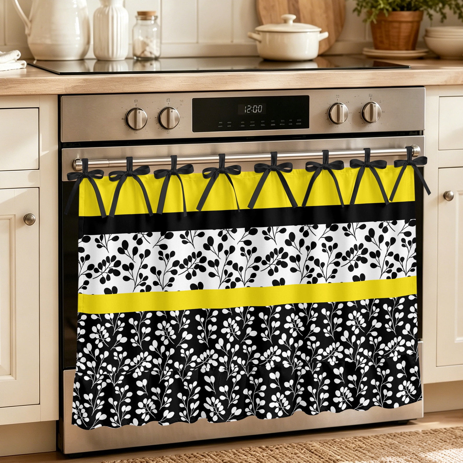 Oven Curtain for Kitchen Watercolor Flower Pattern Stove Curtain With Ruffled Trim Dishwasher Curtains Yellow Black Color Block Stitching Oven Skirt 30 x21.5
