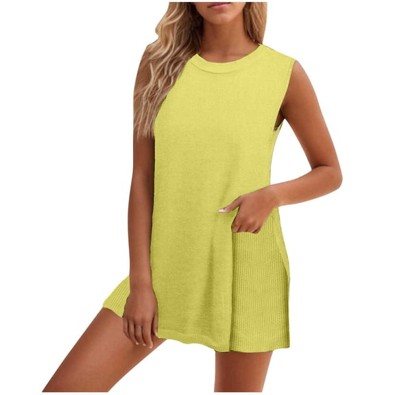 UAMVSH Sweater Sets for Women Sleeveless Knit Lounge Sets Crewneck Tank Tops with Shorts Matching Clothing Two Piece Travel Outfits