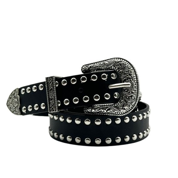 SWSMCLT Women's Casual Belt All Seasons Metal Old Fashioned Adjustable Belts Biker Faux Leather Autumn Harem Black X-Small-Large