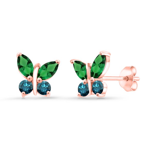 Gem Stone King 18K Rose Gold Plated Silver Marquise Green Nano Emerald and Blue Diamond Butterfly Earrings for Women (1.20 Cttw, Gemstone May Birthstone, Center Stone: 6X3MM, Small Stones: 3MM)