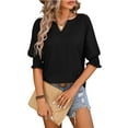 thumbnail image 2 of Tiqkatyck Women Summer Tops, Women's Fashion Short Sleeve Solid Color Loose V Neck Bat Sleeve Casual T Shirts, Shirts for Women Black L, 2 of 6