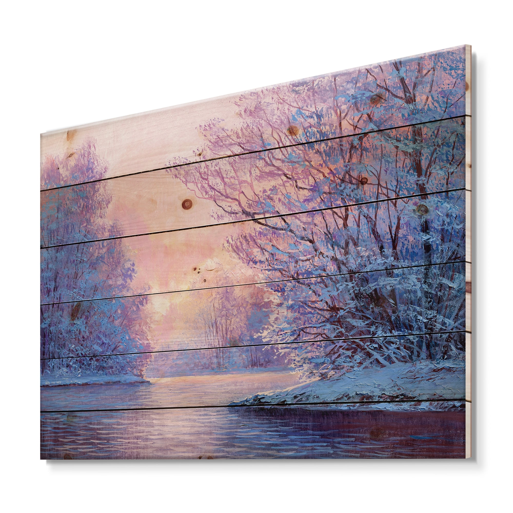 Designart 'The River Original With Winter Landscape' Lake House Print on Natural Pine Wood