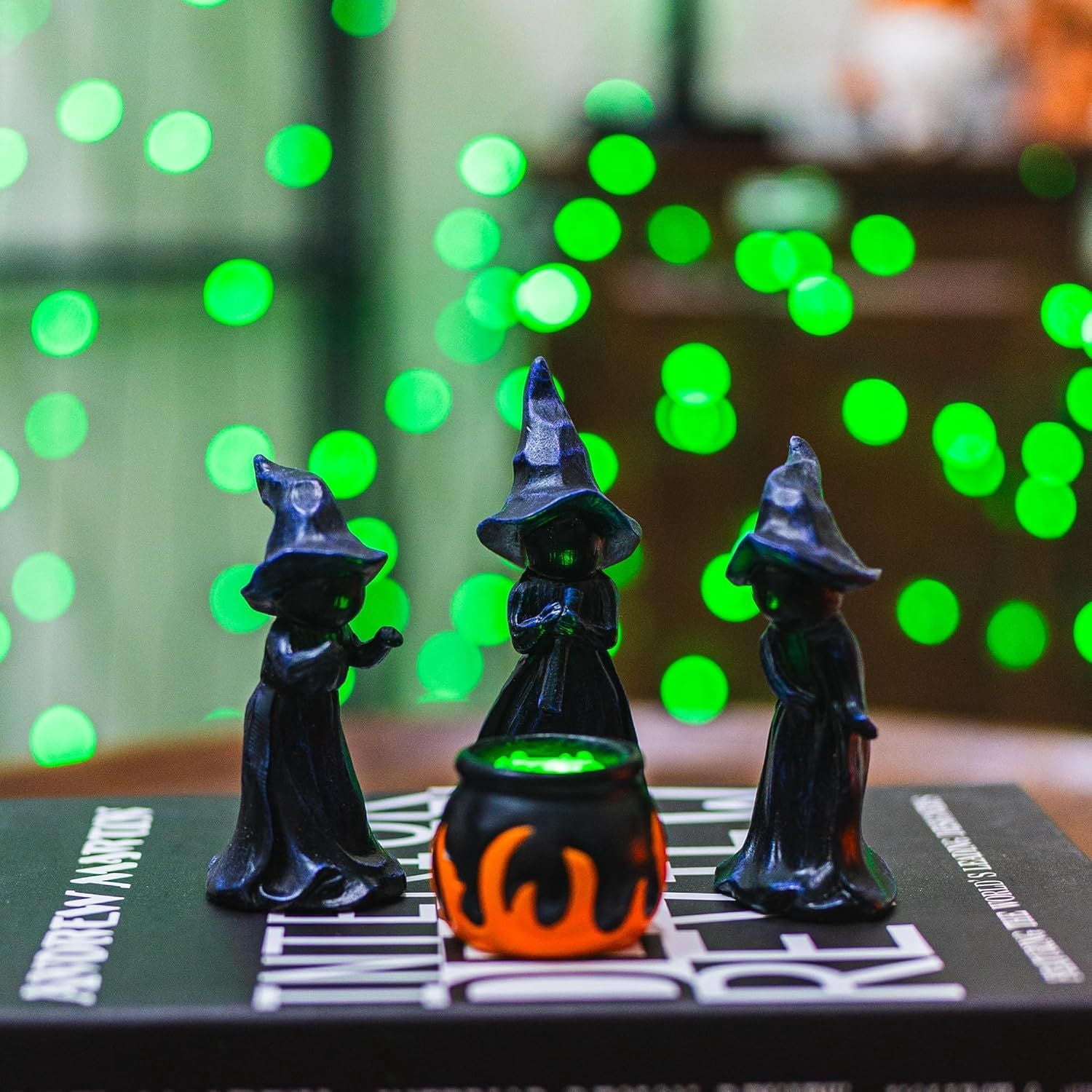 4 Pack Light Up Witch Cauldron Figurines with Green Glow for Halloween Decor