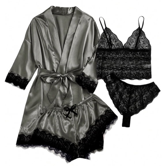 Levmjia Women's Pajama Sets Pajama Tops and Pajama Bottoms 4-Piece Women Sexy Garter Lingerie Set Robes Lace Bodysuit Deep-V Neck Underwear