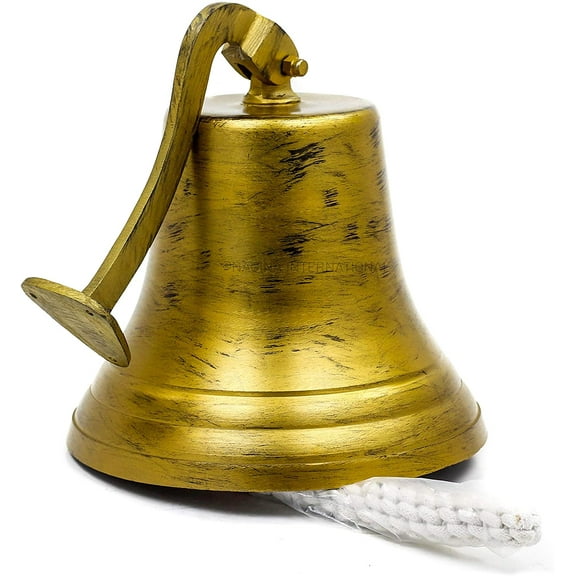 11" Golden Antique Brushed Brass Nautical Decorative Boat's Functional Bell with Brass Clapper | Rustic Antique Finish - Shipwrecked Bell | Nagina International