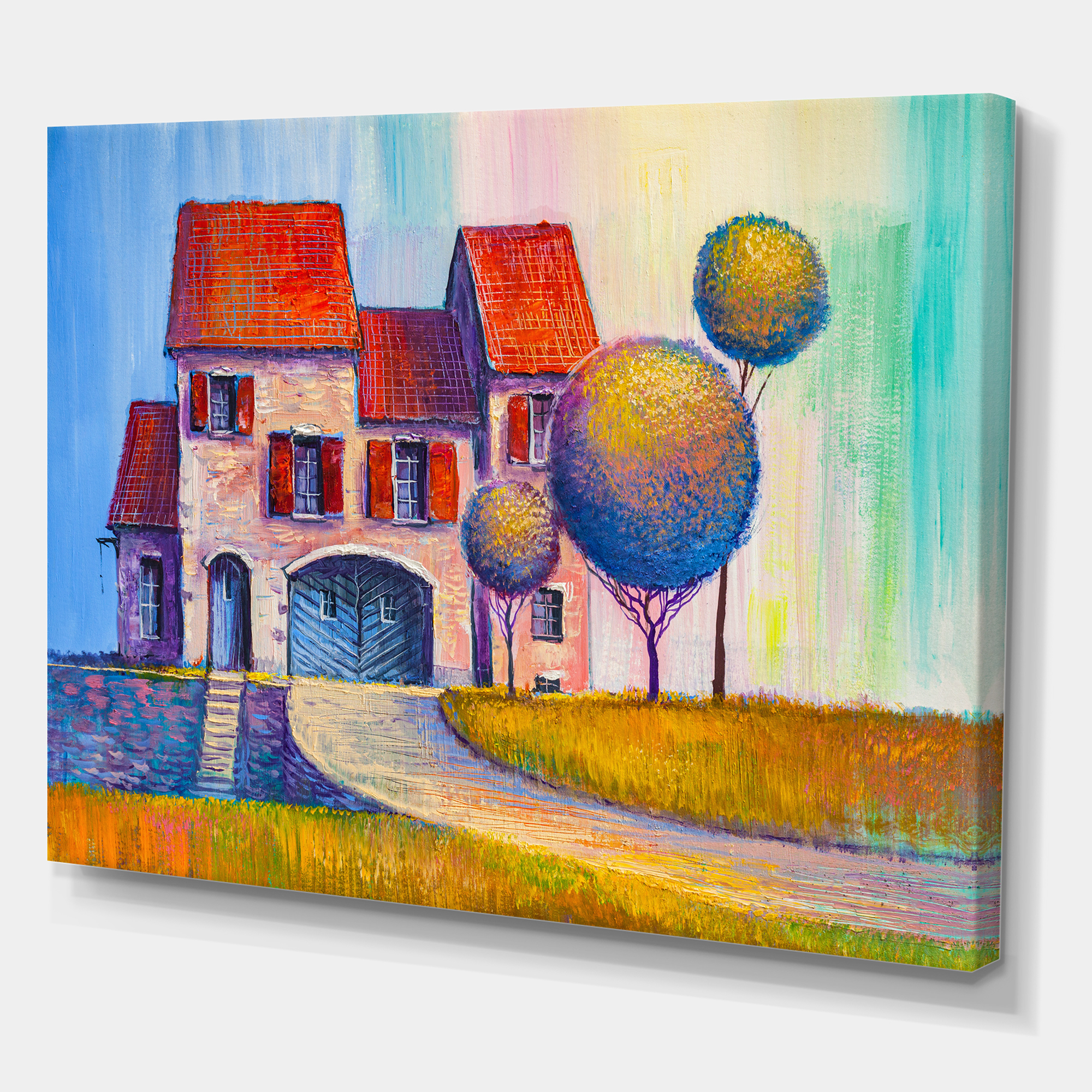 A Red Roof House With In The Village 12 in x 8 in Painting Canvas Art Print, by Designart