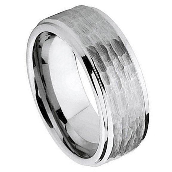 Custom Personalized Engraving Wedding Band Ring Set for Him & Her - 8mm Stepped Down Edge Hammered Center