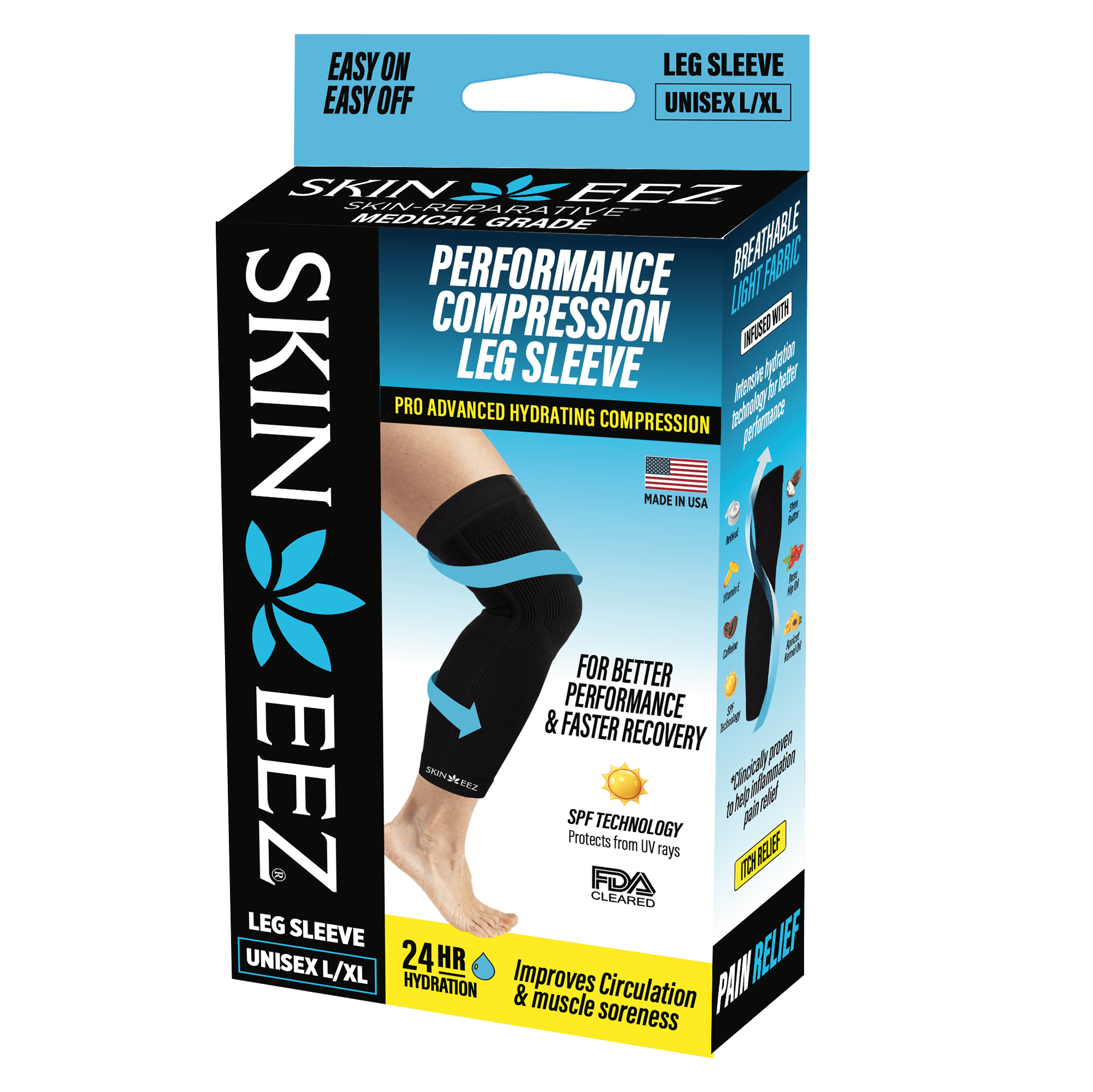 (3 pack) Skineez Hydrating Moderate Compression Leg Sleeve, L-XL, Black