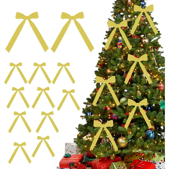 KCEHTA 12 Pcs Yellow Velvet Ribbon Bows for Christmas Tree, Velvet Christmas Tree Bows, Christmas Wreath Bows, Vintage Velvet Ribbon Bows for Wreaths Garland Christmas Tree Decorations