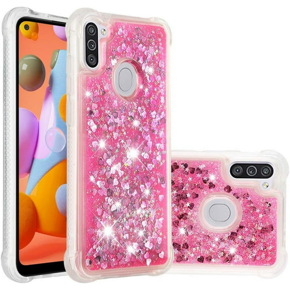 Compatible with Samsung Galaxy A11 Case Glitter Liquid Cute Clear Phone Case Floating Quicksand Shockproof Protective Bumper Silicone Soft TPU Case for Samsung Galaxy A11 Love Pink YB