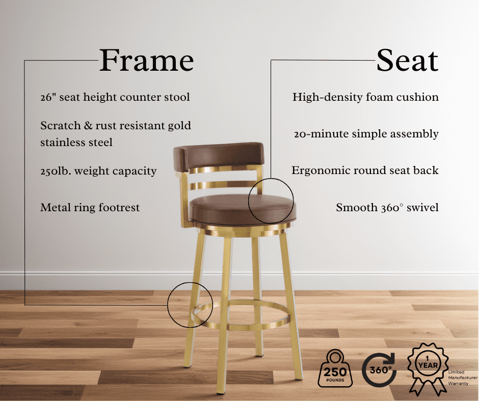 Madrid 26" Swivel Counter Stool in Gold Brushed Stainless Steel with Vintage Coffee Faux Leather