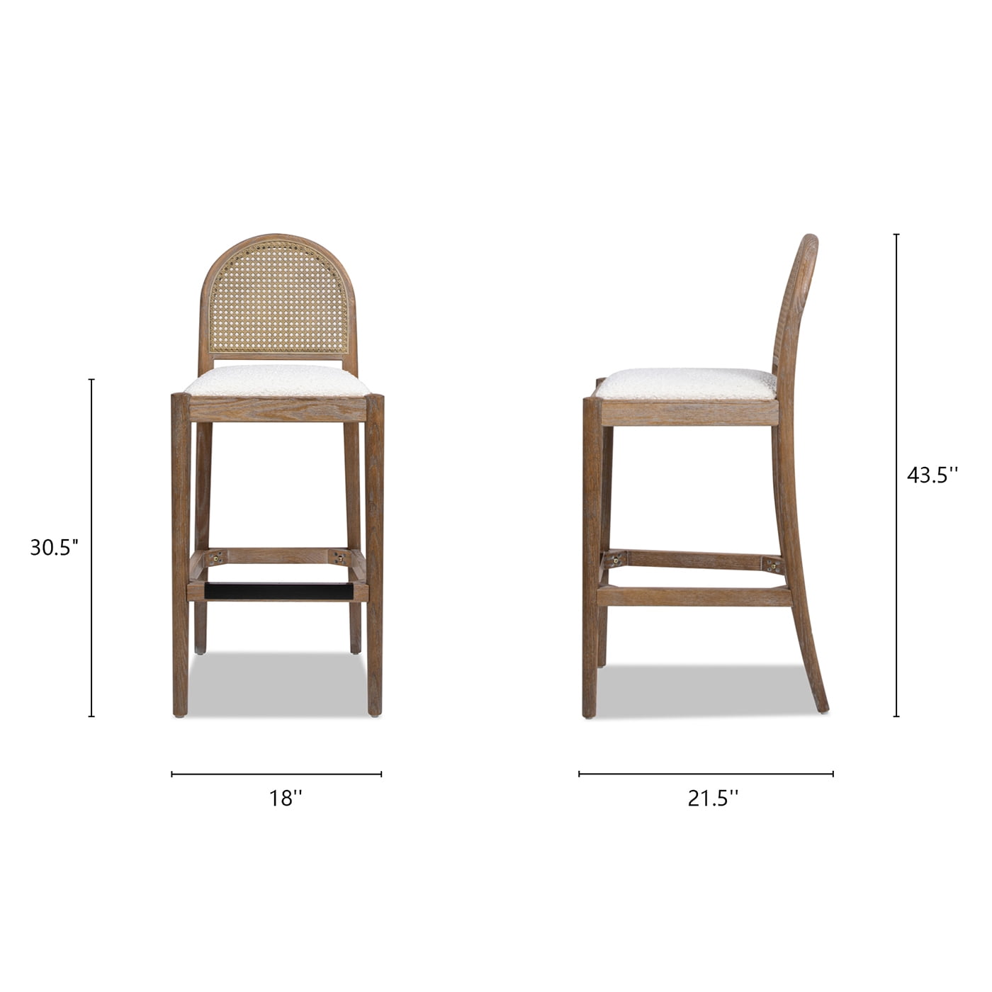 Panama 30.5" Curved Back Cane Rattan Set of 2 Bar Stools in Ivory White Boucle