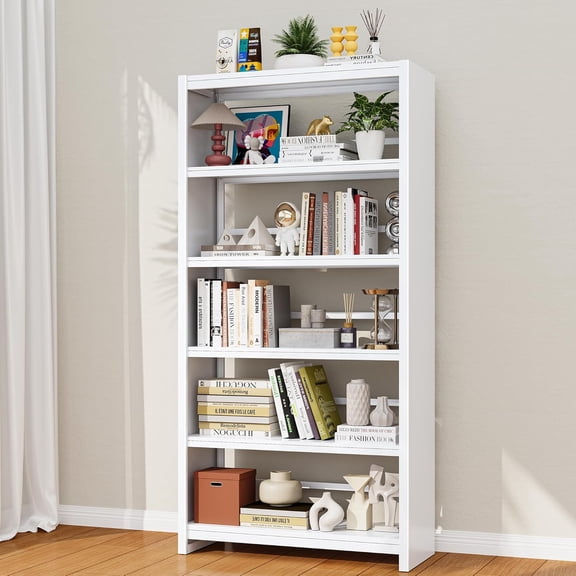 Bookshelf, Tall Bookcase for Books, CDs, Movies, Garage Kit, 5 Tier Book Shelf, Modern Display Shelf for Library Home Office Bderoom Living Room, Metal Bookshelves Industrial White