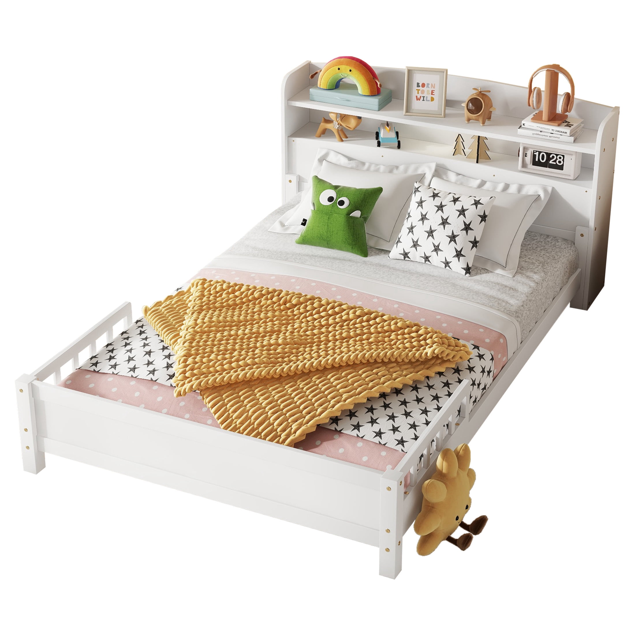 Noble House Elen Full Bed with Bookcase Headboard and LED  Sensor Light, Pine Wood Bed, Kid's Room, White