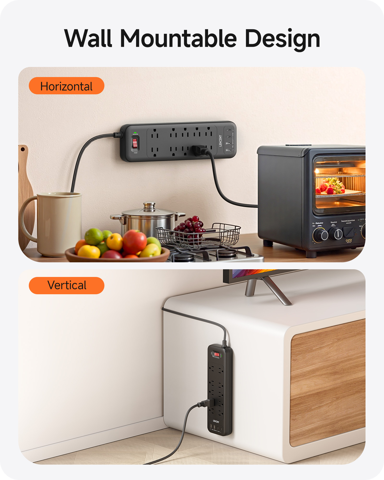 LENCENT 2-Prong Power Strip with 10 Outlets and 4 USB Ports photo 6