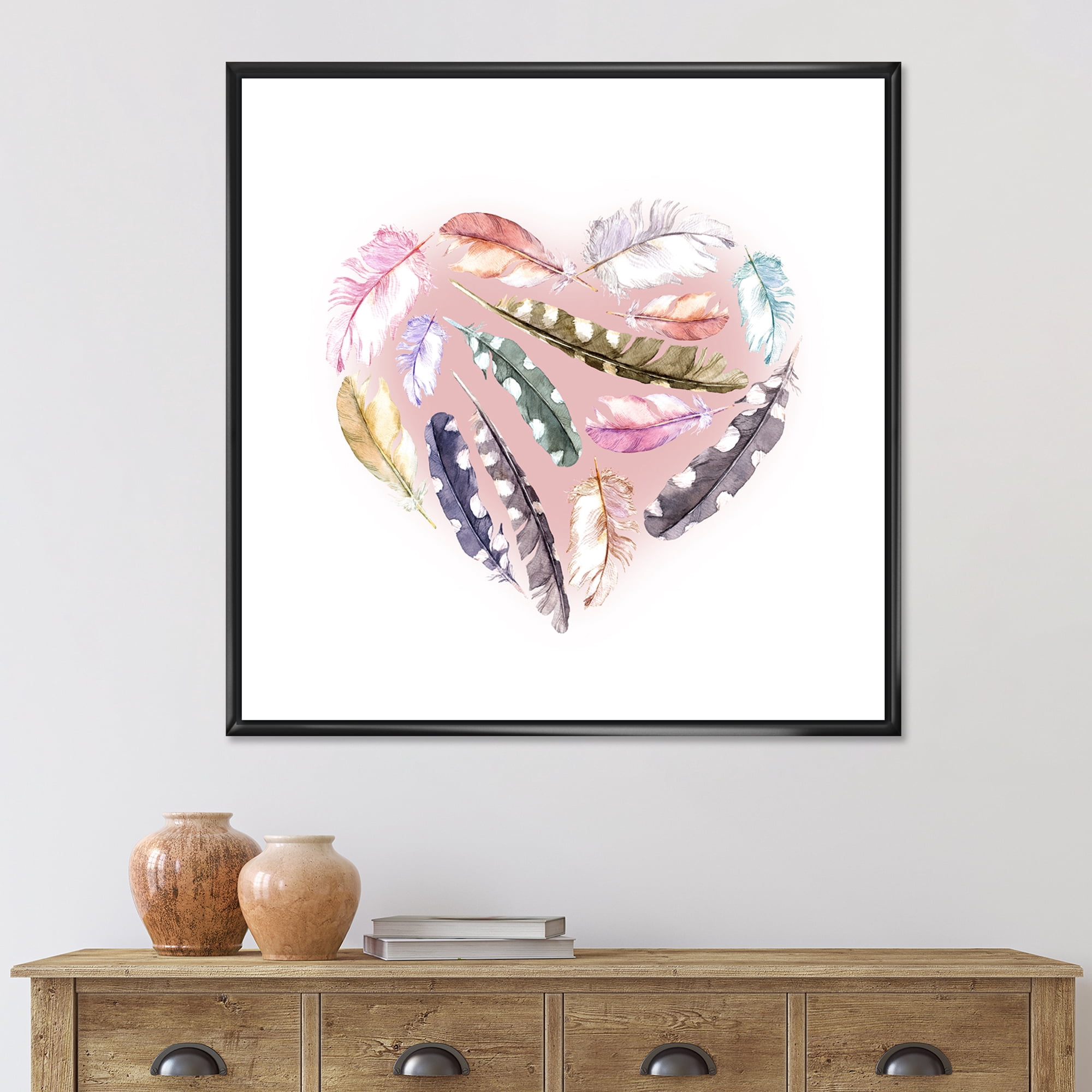 Designart 'Ethnic Feather In Heart Shape' Bohemian & Eclectic Framed Canvas Wall Art Print