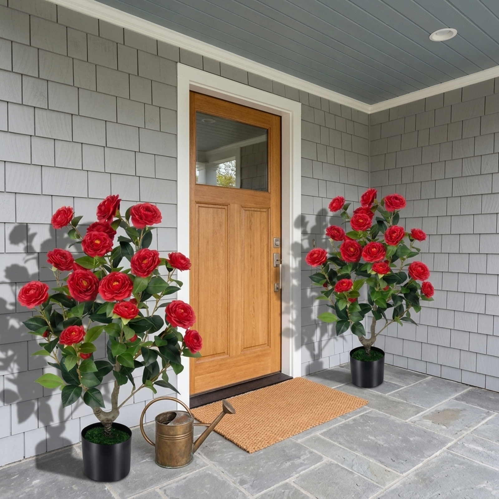 Vebreda Artificial Plant Decor, 2-Pack Artificial Camellia Tree Faux Flower Plant in Cement-Filled Pot, Lifelike & Elegant Design
