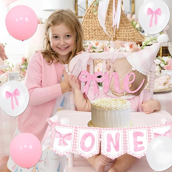 Pink Bow 1st Birthday Party Decorations Pink Bow Balloon Arch Kit Bowknot Happy Birthday Banner Photo Banner Cake Topper Cupcake Topper High Chair Banner for Girls First Birthday Party Supplies