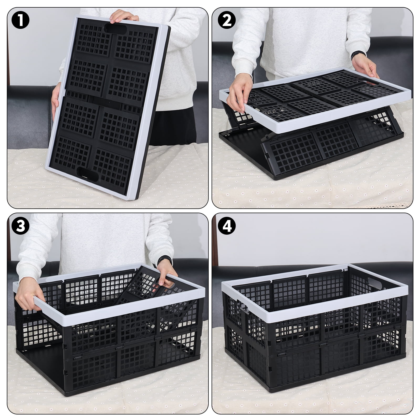 Afromy 66 L Large Stackable Storage Crates, Black Plastic Collapsible Storage Basket, 4 Pack