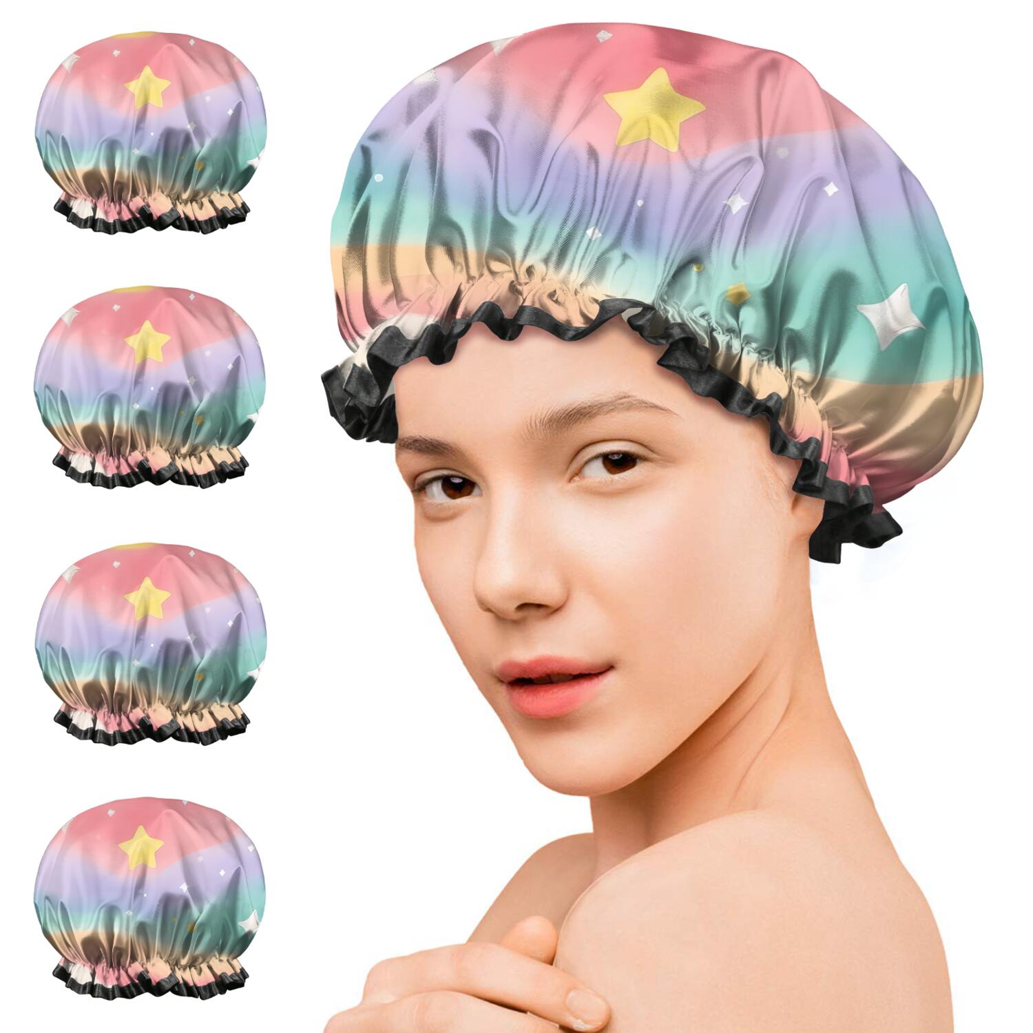 Shower Caps,Dreamy Pastel Wave Pattern Waterproof Shower Cap for Women 4 Pieces,Double Reusable Hair Cover for Shower PEVA Elastic Stretch Hem
