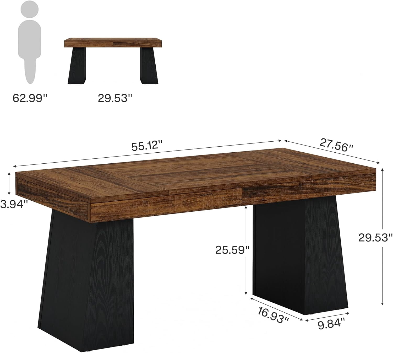 Fimind 55" Executive Desk, Mid-Century Modern Wood Office Desk, Black & Brown Computer Table Workstation, Home Office Writing Desk or Small Conference Table
