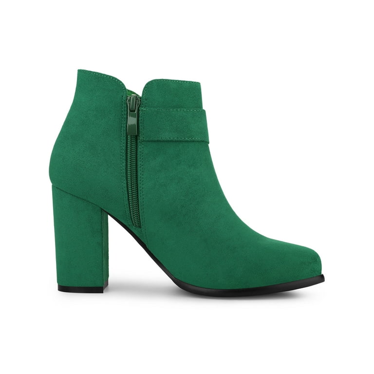 Unique Bargains Women s Chunky Heels Buckle Round Toe Side Zip Ankle Boots Emerald Green 7 Walmart