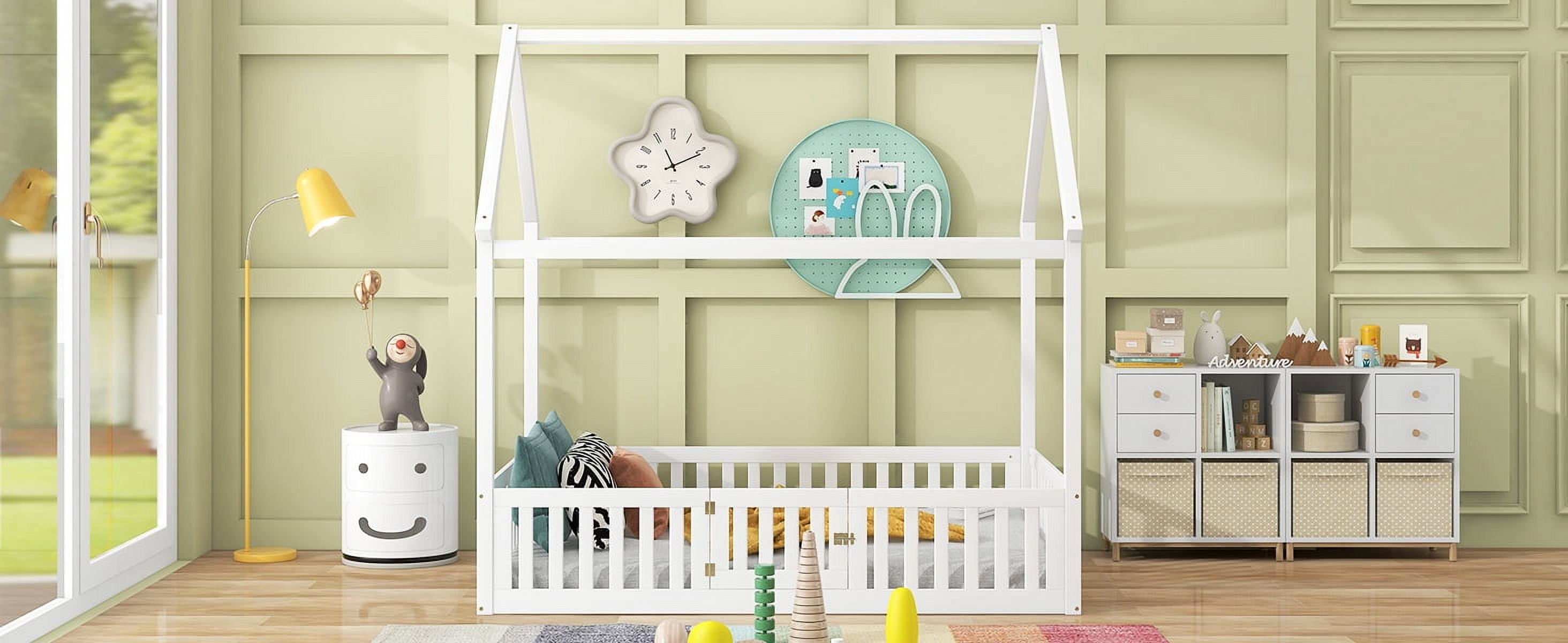 MAYEERTY Full Size Wood House Bed with Fence and Door, White