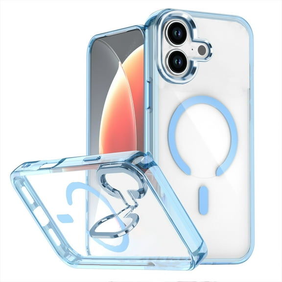 For iPhone 17 Case, Magnetic Clear Case with Lens Kickstand, Full-Body Shockproof Protective Crystal Cover, Compatible with MagSafe, Anti-Yellowing Transparent Phone Cover,Blue