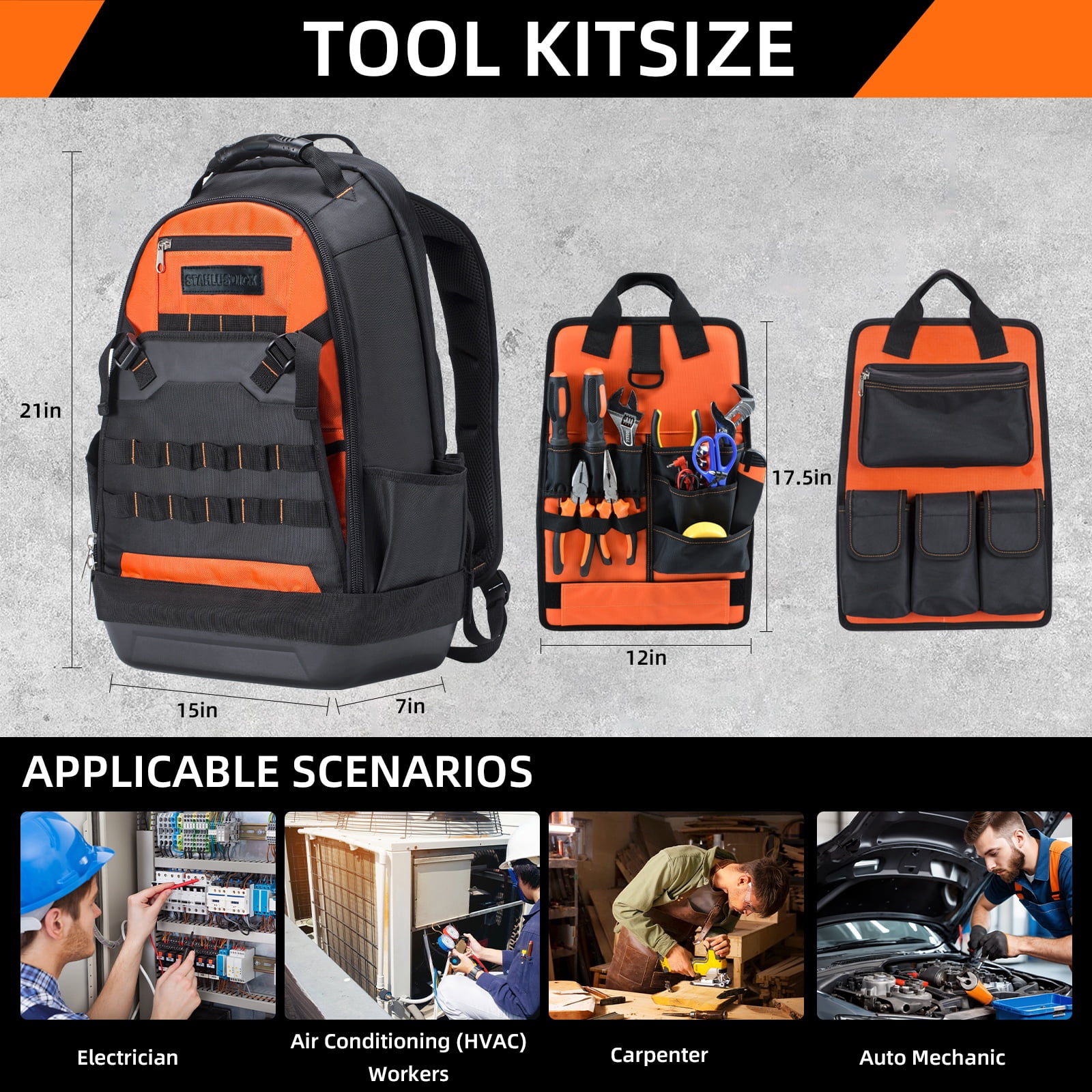 40-Pocket Heavy Duty Tool Backpack, Large Tool Bag for Men Women, HVAC Tool Bag Organizer, Tool Backpack with Laptop Compartment & Molded Base for Electrician Construction