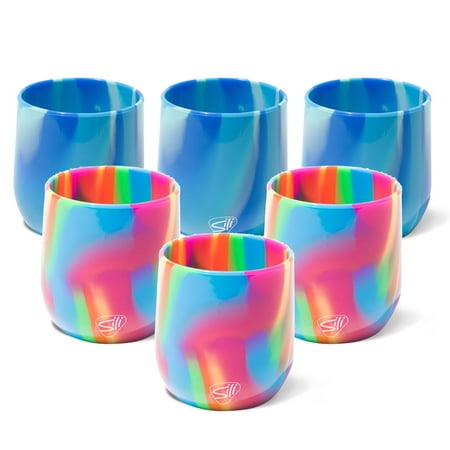 

Silipint: Silicone 12oz Stemless Wine Glasses: 6 Pack - 3 Hippie Hops & 3 Arctic Sky - Flexible & Unbreakable Hot/Cold