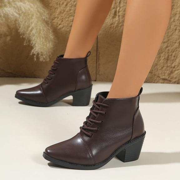 Taylonsss Women's Faux Leather Lace-Up Ankle Boots with Side Zipper and Blocks Heel for Winter Comfortable Pointed Toe Casual Boots with Cushioned Insole