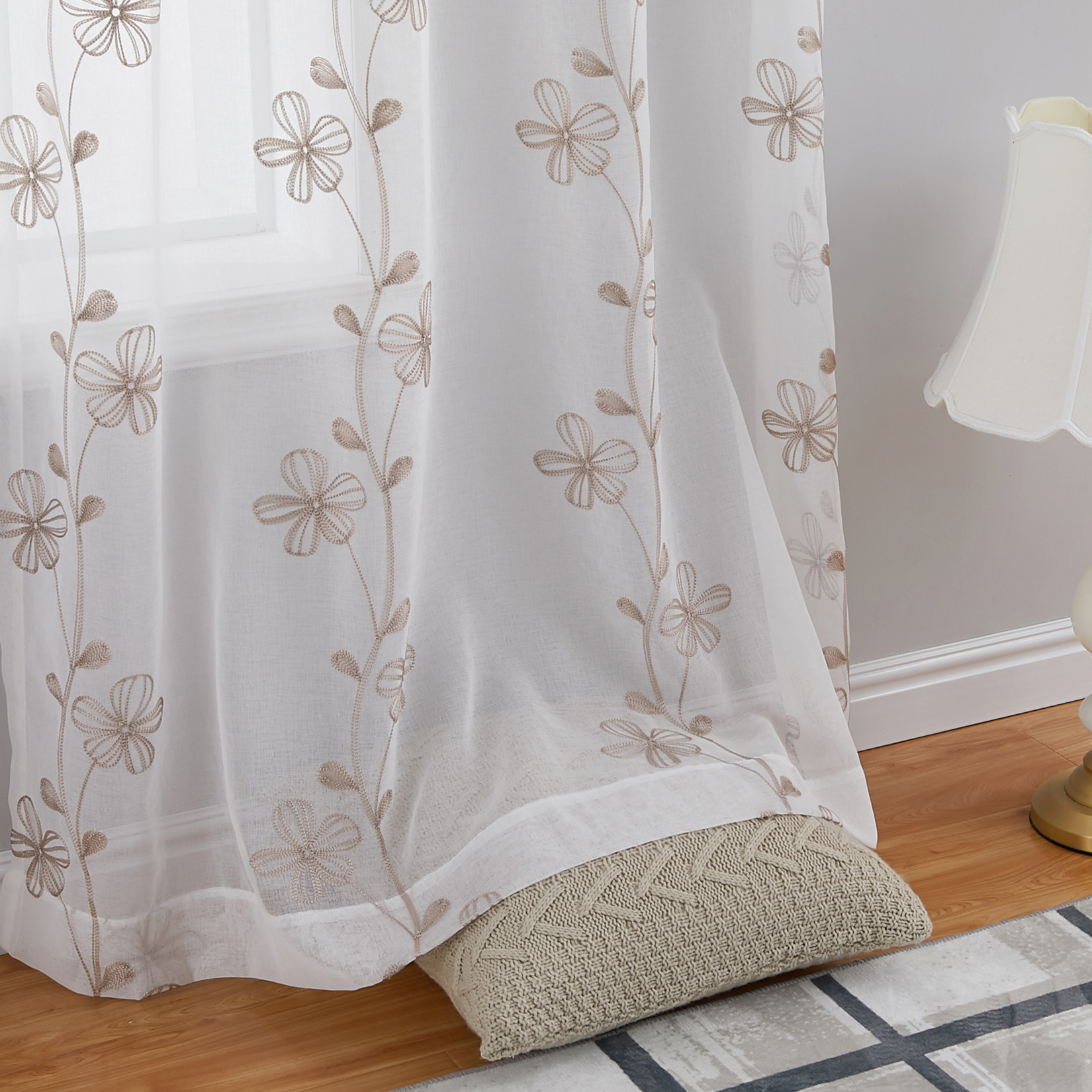 Haperlare Floral Embroidered Sheer Curtains 52"Wx63"L Voile Grommet