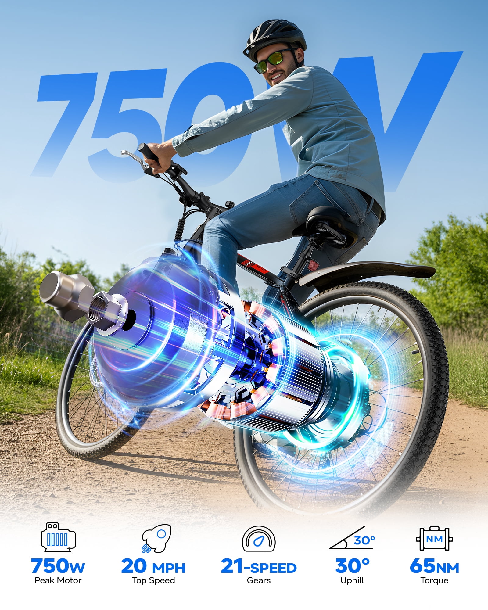 QNUT Full Aluminum Electric Bike for Adults & Teens, Peak 750W, Upgraded Adjustable Handlebars, 21-Speed Commuter E-Bike with Dual Disc Brakes, 40-Mile Range, for mountain & Commuter (Blaze Core)