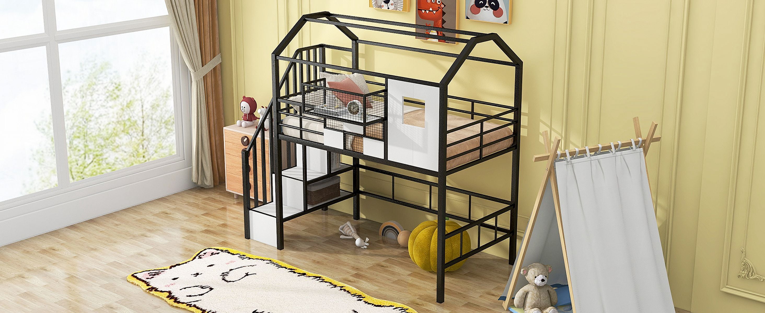 Mintazer House Loft Bed with Roof & Storage Compartment, Metal Loft Bed with Staircase & Guardrails, Black