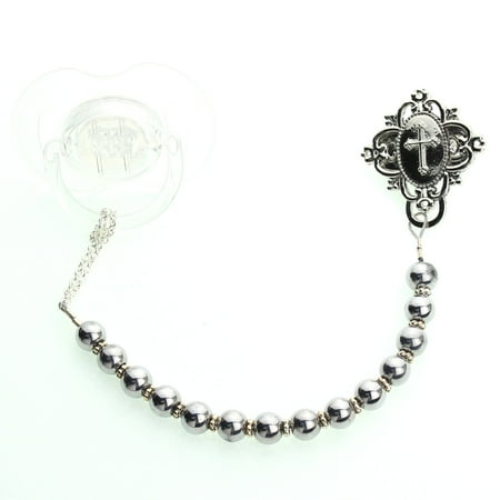 Cross with Silver Tone Pearls Pacifier Clip