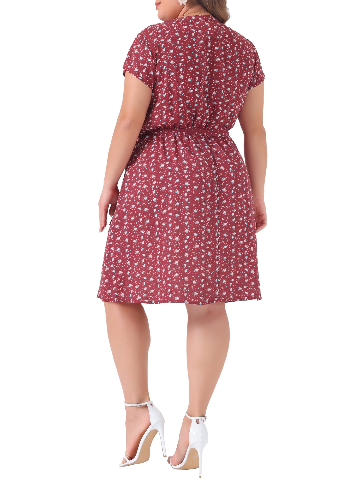 DARING DIVA Plus Size Floral V Neck Tie Belted Dress 2X Red
