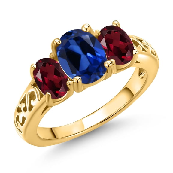 Gem Stone King 18K Yellow Gold Plated Silver Blue Created Sapphire and Red Rhodolite Garnet Filigree Style 3 Stone Ring for Women (2.60 Cttw, Oval 8X6MM and 6X4MM) (Size 8)