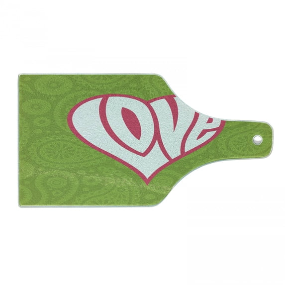Groovy Cutting Board, Heart Illustration on Paisley Background Centre of Love Nutrient Retro Design, Tempered Glass Cutting and Serving Board, Wine Bottle Shape, Green White Pink, by Ambesonne