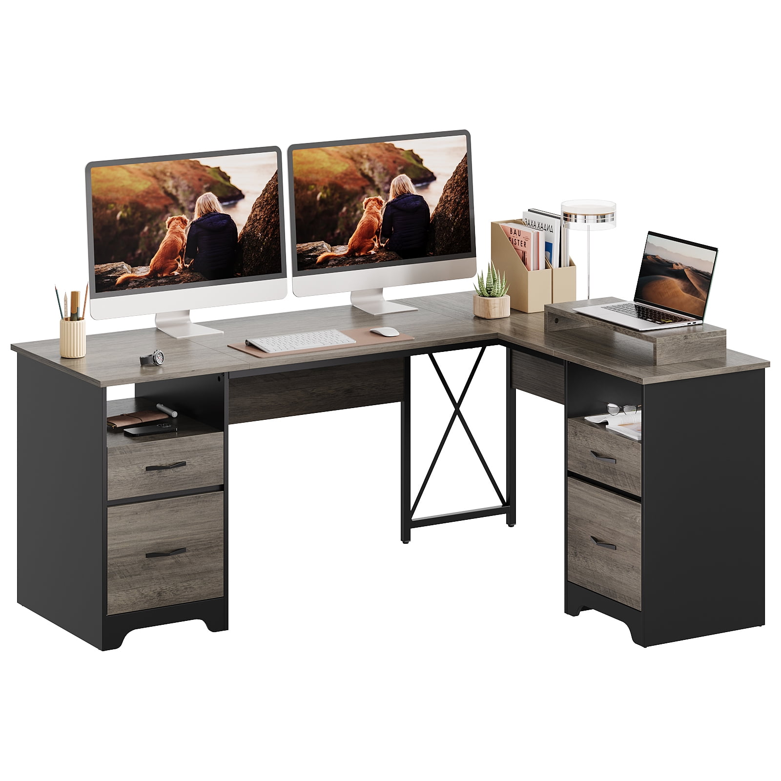 Bestier L Shaped Desk with 4 Drawers, 63" x 47" Executive Office Desk with Monitor Stand, Gray