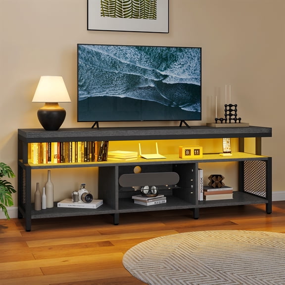 Uforic Industrial LED TV Stands for 55/60/65/70 inch w/Power Outlets, Entertainment Center TV Cabinet for Living Room, Black
