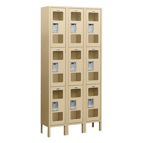 12" Wide Triple Tier See-Through Metal Locker - 3 Wide - 6 Feet High - 12 Inches Deep - Tan - Unassembled