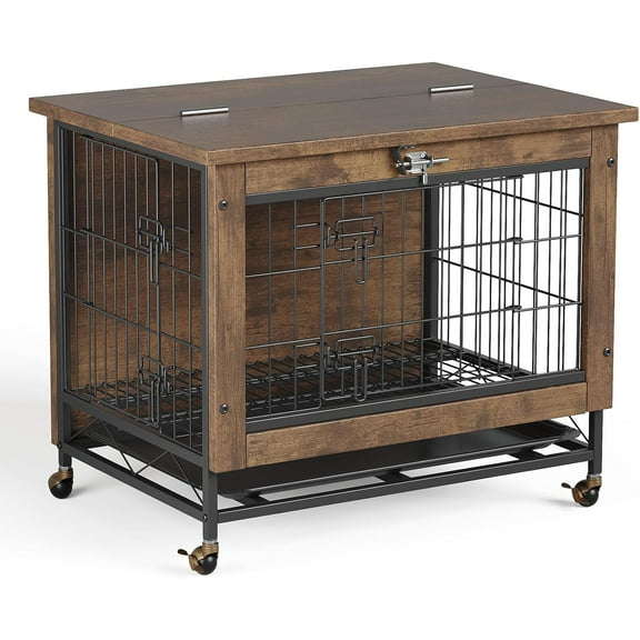 Senfot 26-Inch Double-Door Pet Crate Furniture, Wooden Dog House with Locking Wheels, Chew-Resistant Indoor Pet Side Table, Rustic Brown