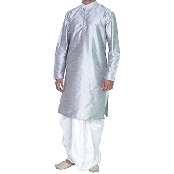 Royal Men's Art Silk Blend Dhoti Kurta Set_Silver